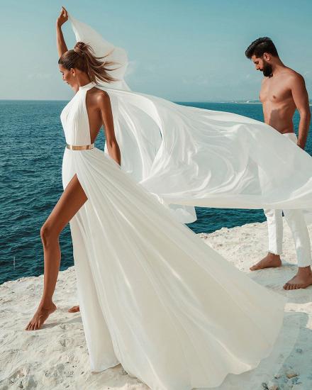 Halter White Chiffon Beach Wedding Dress Long Simple Bridal Dress with Split_6