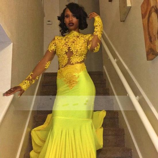 Glamorous High-Neck Yellow Long-Sleeve Lace Appliques Mermaid Prom Dress_3