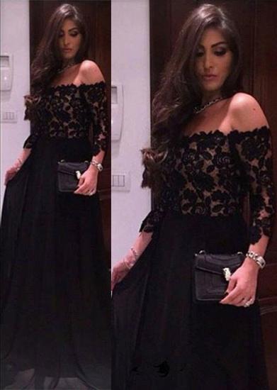 Black Lace A-line Off The Shoulder Evening Dresses 2022 Sleeves Cheap Prom Dress_1