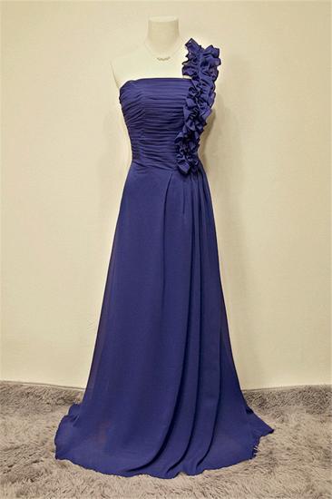 Blaues Chiffon-One-Shoulder-langes Abendkleid Eleganter formaler Sweep-Zug-Reißverschluss Beliebte günstige Abendkleider