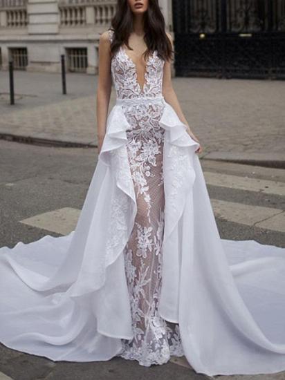Sexy A-Line Wedding Dresses Plunging Neck Detachable Lace Tulle Chiffon Bridal Gowns Romantic Sweep Train