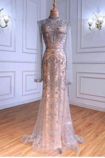 Luxuriöses funkelndes Pailletten-Perlen-langes Meerjungfrau-Abendkleid mit langen Ärmeln_1