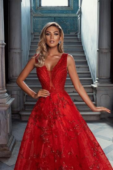 Red v-neck a-line prom dress in one shoulder_2