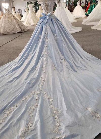 TsClothzone AffordableLight Blue Satin Sweep Train Wedding Dress Off Shoulder Sleeveless Bridal Gowns On Sale_3