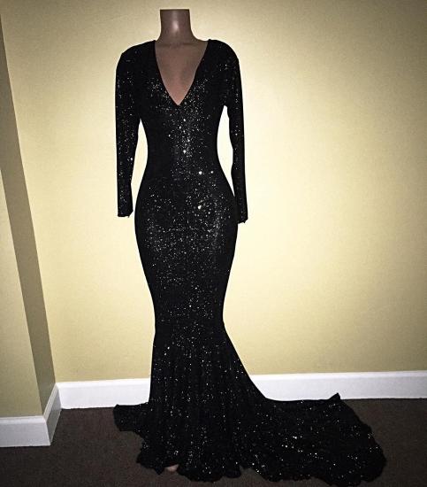 Long Sleeve Black Sequins Prom Dress Sheath V-neck Long Sleeve Shiny Evening Gown with Long Train_3