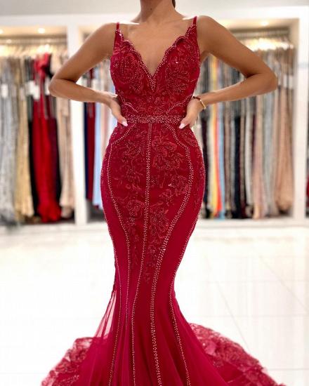 Sparkling Red Long Lace Prom Dress | Inexpensive Evening Dresses_5