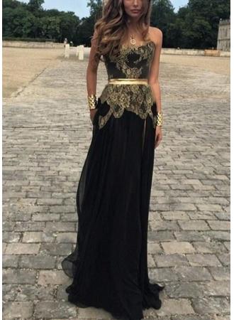 Sexy Belt Golden Gold Applique Black Chiffon New Dresses Lace Prom Evening Gowns