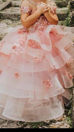 Lovely Jewel Short Sleeves Tiered Tulle Flower Girl Dresses with Handmade Flowers | Long Sheer Little Girl Pageant Dress_3