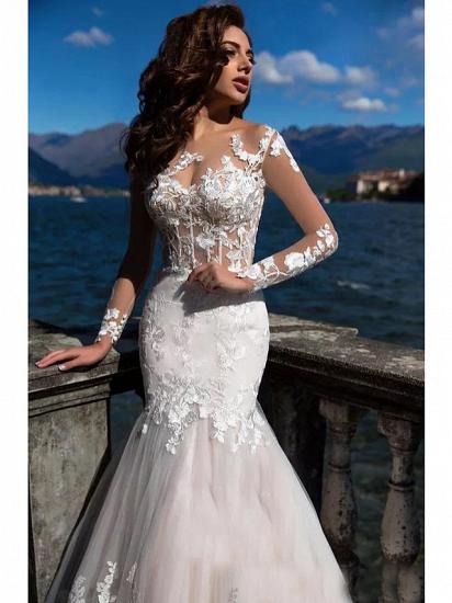 Mermaid Wedding Dress Bateau Lace Tulle Lace Over Satin Long Sleeves Bridal Gowns Sexy See-Through Backless with Court Train_3