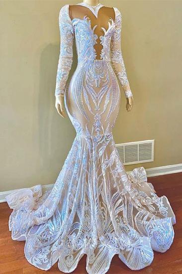 Sparkle sequined white mermaid long sleeves prom dress_1