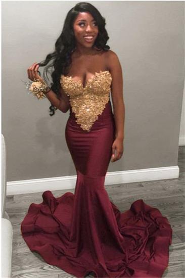 Fit and Flare Gold Lace Appliques Maroon Prom Dresses | Strapless Wholesale Graduation Dress