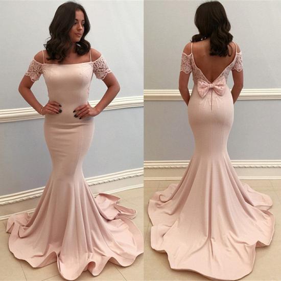Baby Pink Lace Bowknot Mermaid Prom Dresses | Straps Short Sleeve Open Back Formal Evening Dress_3
