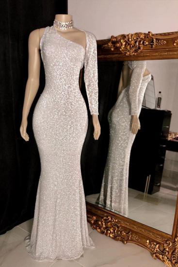 One-shoulder Long Sleeve Silver Sequins Mermaid Prom Gowns_1