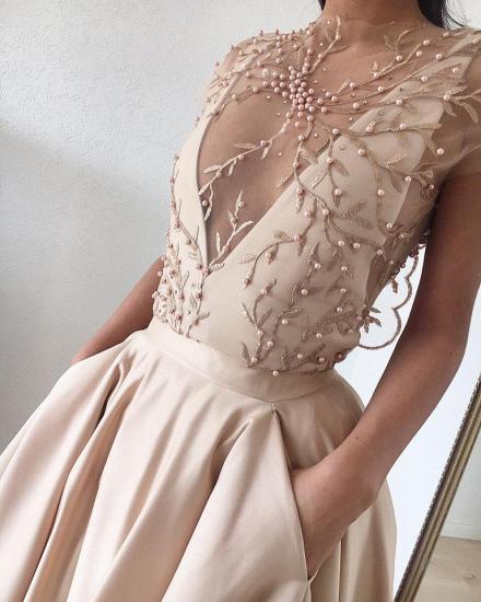 Glamorous Sheer Tulle Long Evening Dresses 2022 | Short Sleeves Beaded Evening Gowns_4
