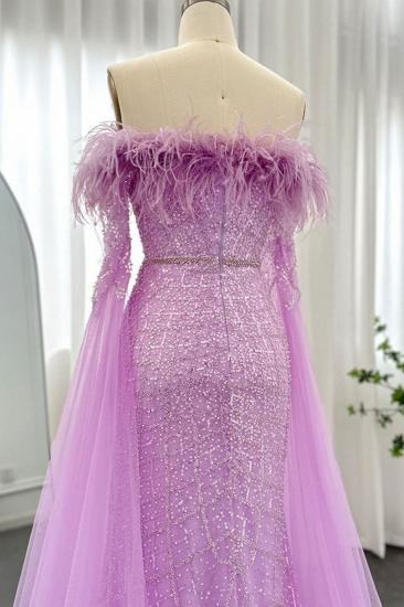 Glamorous Glitter Beading Mermaid Evening Gowns Fur Tulle Long Party Dress with Cape Sleeves_4