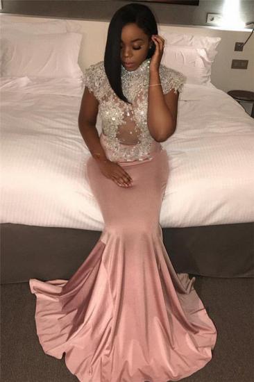 High Neck Pink Mermaid Prom Dress 2022 Shiny Beaded Sequins Cap Sleeves Evening Gowns