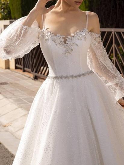 Formal A-Line Wedding Dress Spaghetti Strap Lace Tulle Sequined Long Sleeve Sexy Backless Bridal Gowns with Sweep Train_3