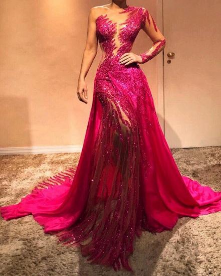 Beautiful One Shoulder Sequins Fuchsia Evening Dresses with Sleeves | Sexy Mermaid Affordable Prom Dresses_2