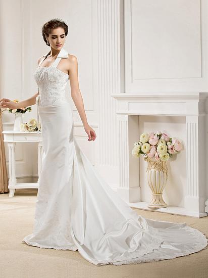 Affordable Mermaid Halter Wedding Dress Satin Sleeveless Bridal Gowns with Court Train_3