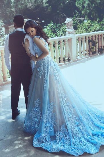 Gorgeous Blue Sleeveless 3D-Floral Appliques A-line Prom Dresses