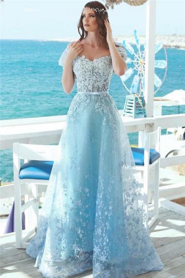 Off The Shoulder Lace Appliques Prom Dress | Baby Blue Long Evening Dresses