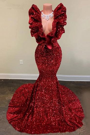 Flowers neckline mermaid burgundy sequin prom dress