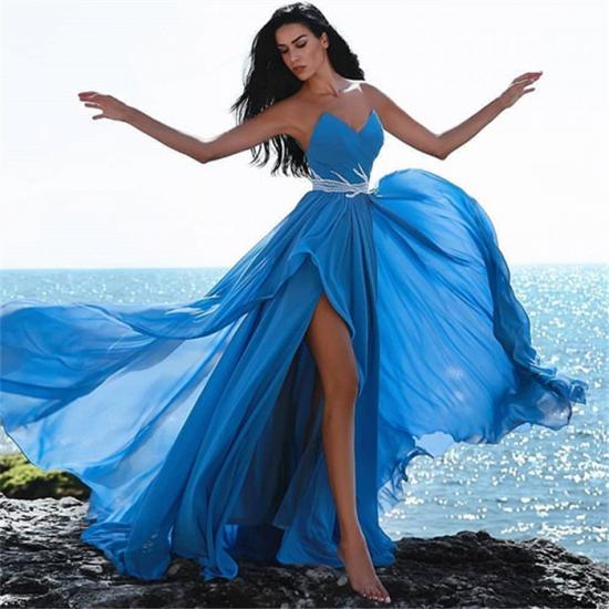 Affordable Blue Sweetheart Evening Dresses | Crystals Side Slit Prom Dress_3