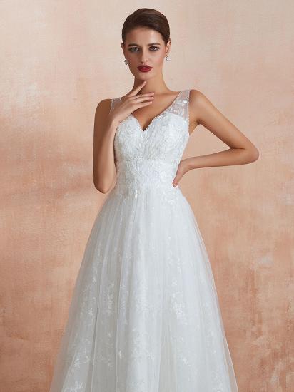 White Sleeveless V Neck Tulle Lace A-Line Wedding Dresses_7