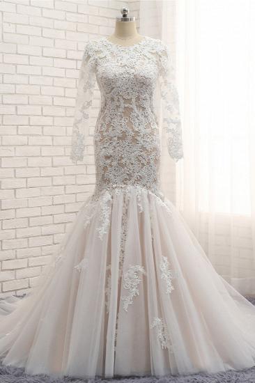 TsClothzone Elegant Longsleeves Jewel Mermaid Wedding Dresses Champagne Tulle Bridal Gowns With Appliques On Sale_2