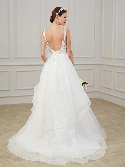 A-Line Wedding Dress V-neck Chiffon Lace Tulle Sleeveless Bridal Gowns Formal Plus Size with Sweep Train_2