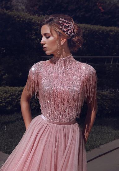 Special High Neck Tassel Beading Cap Sleeves Princess Prom Dresses | Blushing Pink Evening Gowns_4