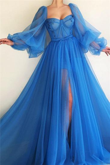 Sexy Long Sleeves Sweetheart See Through Bodice Prom Dress | Front Slit Blue Long Prom Dress