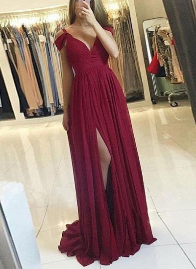 Chiffon A-line Burgundy Formal Dress 2022 Cheap Side Slit Long Off-the-Shoulder Prom Dresses_1