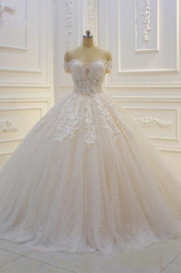 Off-the-shoulder Tulle Lace Appliques Sequined Wedding Dress
