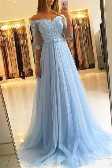 Off The Shoulder Half Sleeve Evening Dresses | Formal Lace Appliques Prom Dress with Belt_2