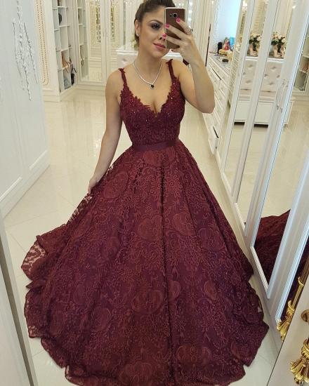 Deep V-neck Burgundy Lace Sexy Evening Dresses | Sleeveless Puffy Ball Gown Cheap Prom Dresses_3
