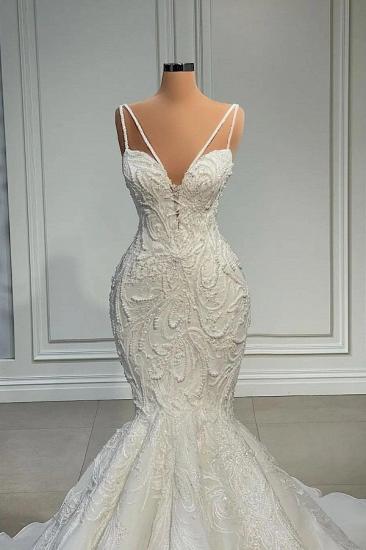 Luxurious Spaghetti Strap Mermaid Lace Wedding Dress_2