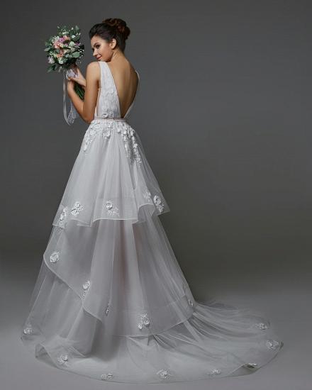 Einfaches Brautkleid aus Tüll mit tiefem V-Ausschnitt, ärmelloses Brautkleid mit Blumenspitze_2