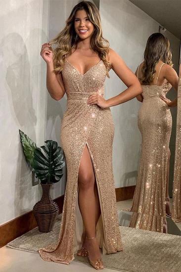 Shining Golden Spaghetti Strap V-neck Sequin Prom Dresses Online with Sexy High Split