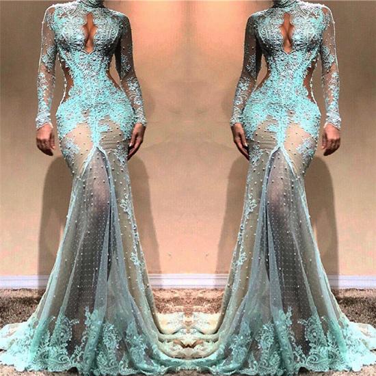 Glamouröse Abendkleider mit langen Ärmeln im Meerjungfrau-Stil | 2022 High Neck Sheer Applikationen Ballkleider_3
