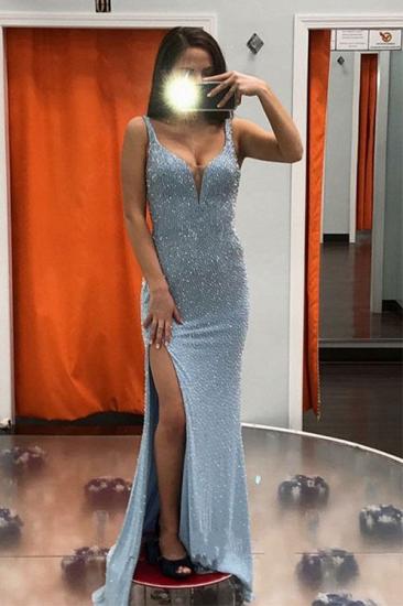 Elegant Light Sky Blue High Split Sparkle Beaded Prom Dresses Online_1