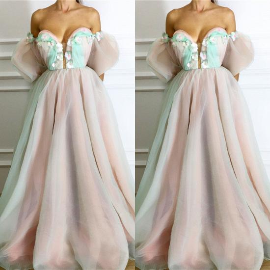 Sexy Strapless Deep V Neck Prom Dress | Unique Short Sleeves Tulle Long Prom Dress_2