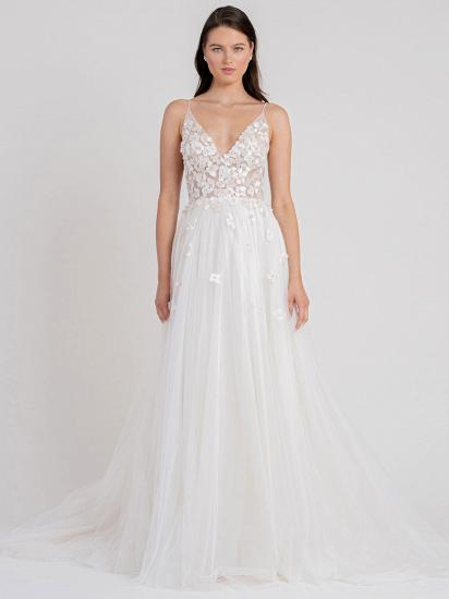 Spaghetti Straps V Neck Tulle Zipper A-Line Wedding Dresses With Lace_3