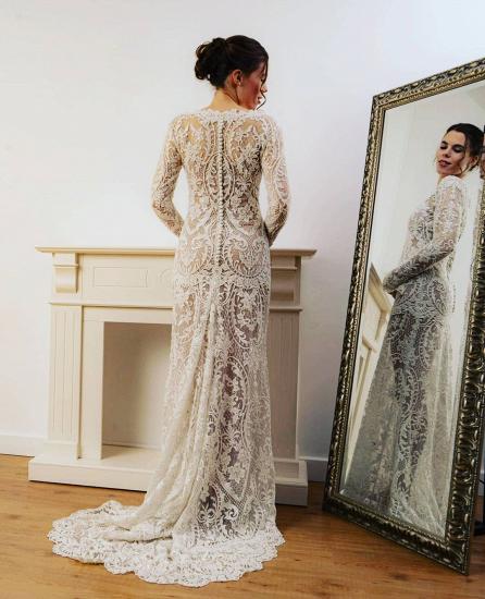 Boho Floral Lace Long Sleeves Wedding Dress V-Neck_2