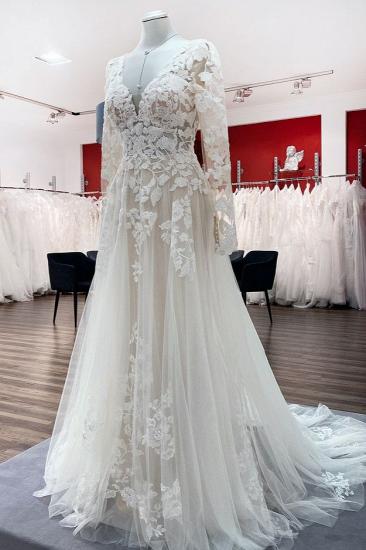 Fashion Long Sleeve Wedding Dress Soft Floral Lace Bridal Dress Floor Length_3