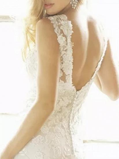 Country Plus Size Etui-Hochzeitskleid V-Ausschnitt Spitze ärmellose Brautkleider mit Sweep-Zug_3