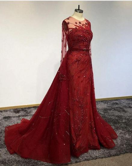 Stunning Red Long Sleeves Beading Mermaid Evening Gown with Detachable Train_3