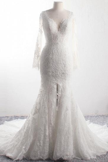 TsClothzone Elegantes Tüll-Spitzen-Hochzeitskleid mit V-Ausschnitt und langen Ärmeln Meerjungfrau-Applikationen Brautkleider mit Perlenstickerei Online_1