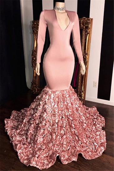 V-neck Long Sleeve Pink Floral Prom Dresses on Mannequins | Cheap Mermaid Evening Gowns 2022_1