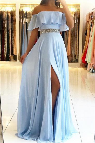 Sky Blue Off The Shoulder Evening Dresses Sexy | Chiffon Side Slit Prom Dress with Crystals Belt